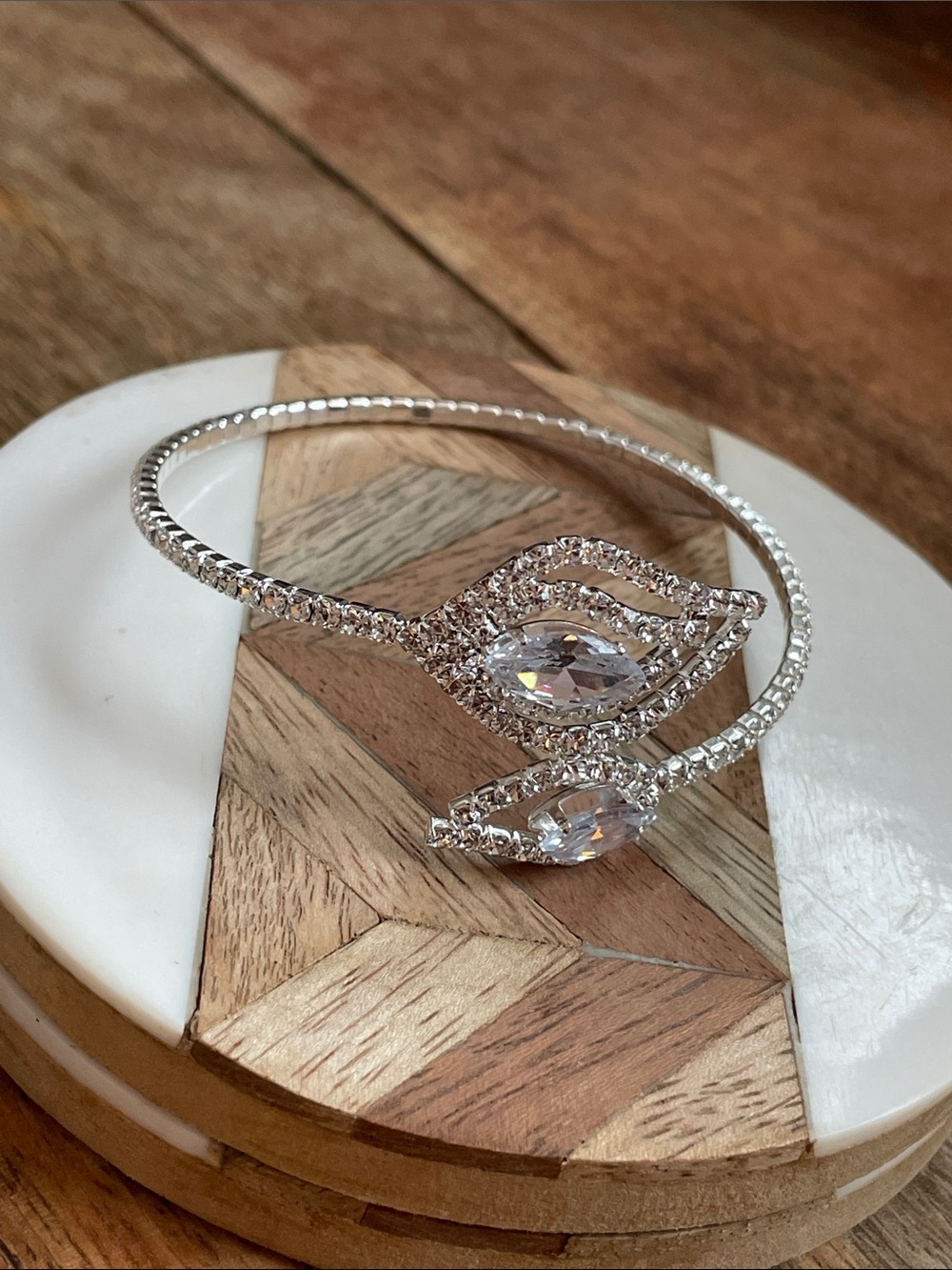 Silver Crystal Open Cuff Bracelet - Elegant Clear CZ Accent